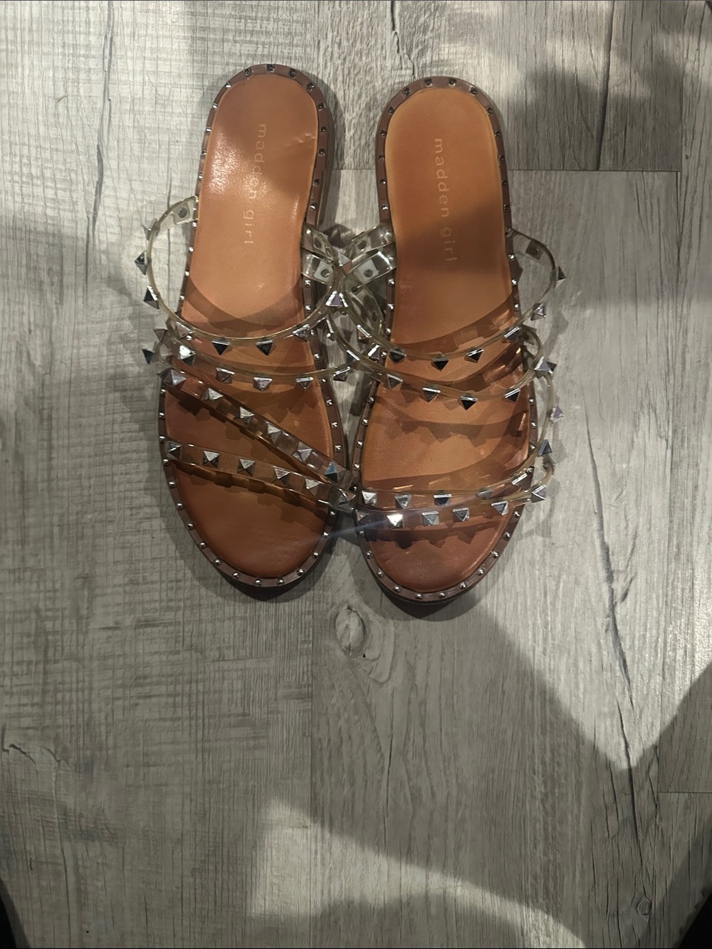 Madden Girl Clear Multi-Strap Studded Slide Sandals - Clear/Tan